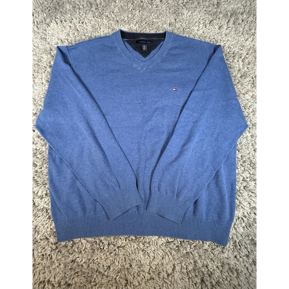 Tommy Hilfiger Sweater Mens XXL‎ Blue Long Sleeve V-Neck Lightweight Soft Cotton